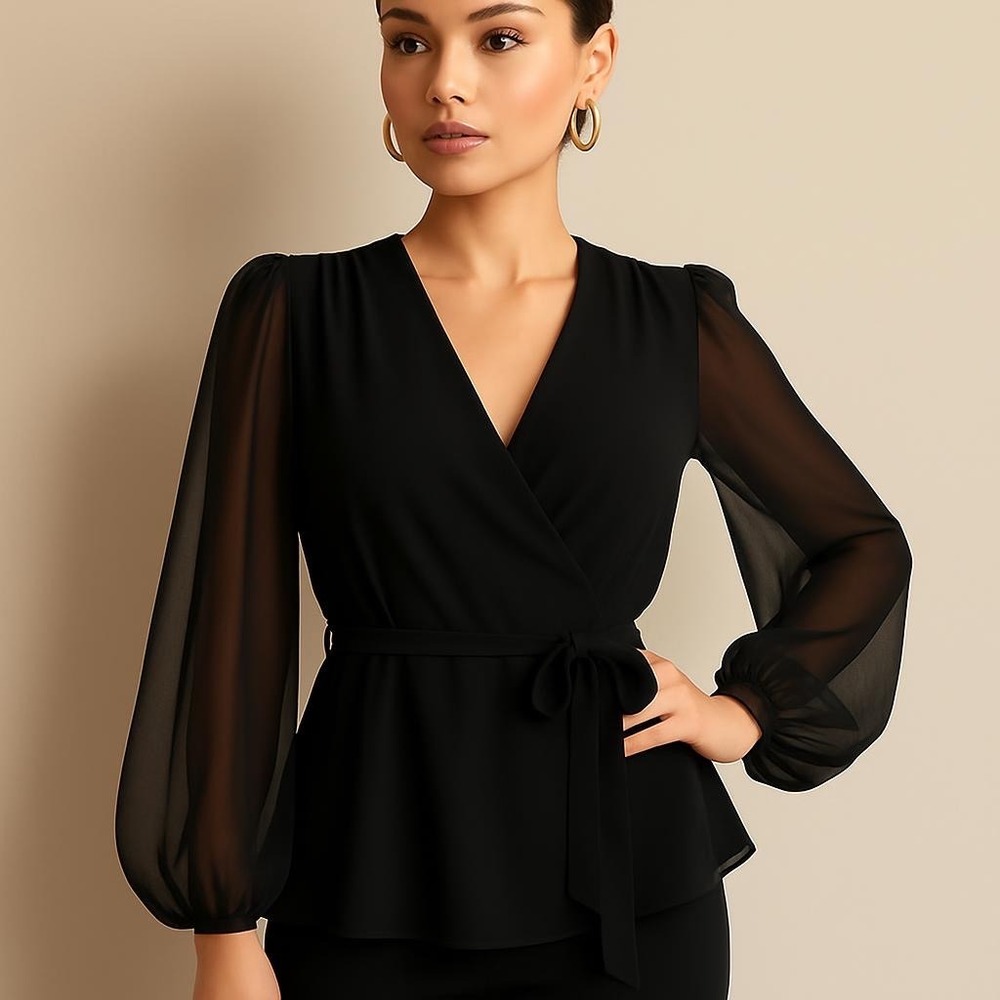 Alex Marie Black Long-Sleeve Wrap Tunic Blouse Size XL‎